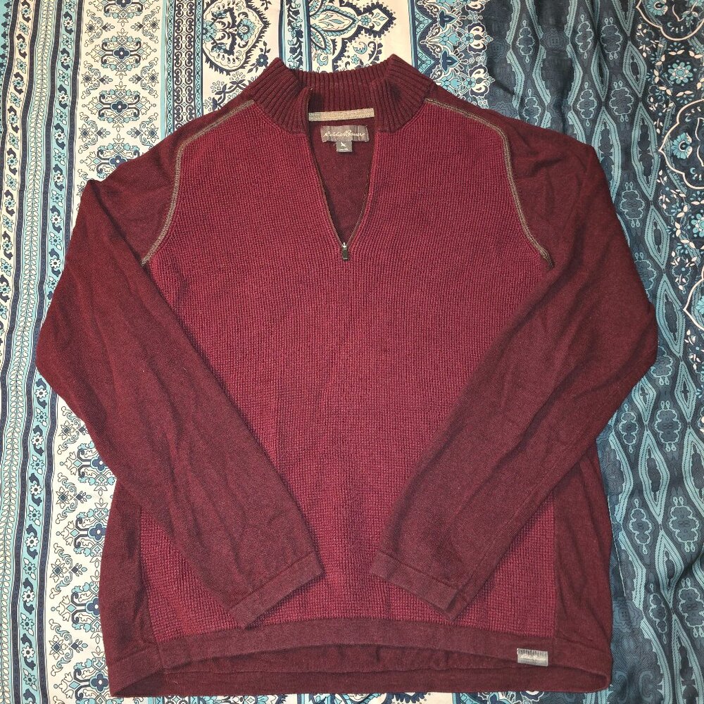 EDDIE BAUER Mens 1/4 Zip Burgundy Pullover Sweater Cotton/ Wool Size‎  X-Large